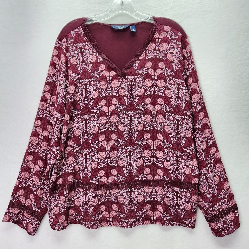 Indigo Tunic Womens 1X Burgundy Floral Print Long Sleeve Top Casual Blouse Plus